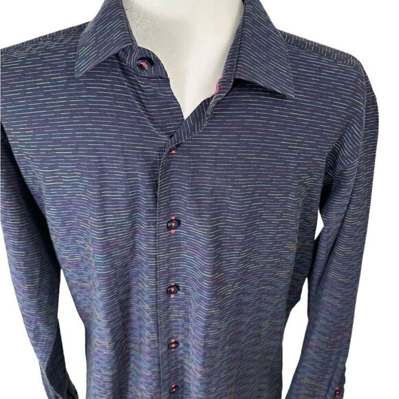 Jared Lang Navy Blue & Pink Striped Button Down Long Sleeve Dress Shirt - Picture 2 of 9